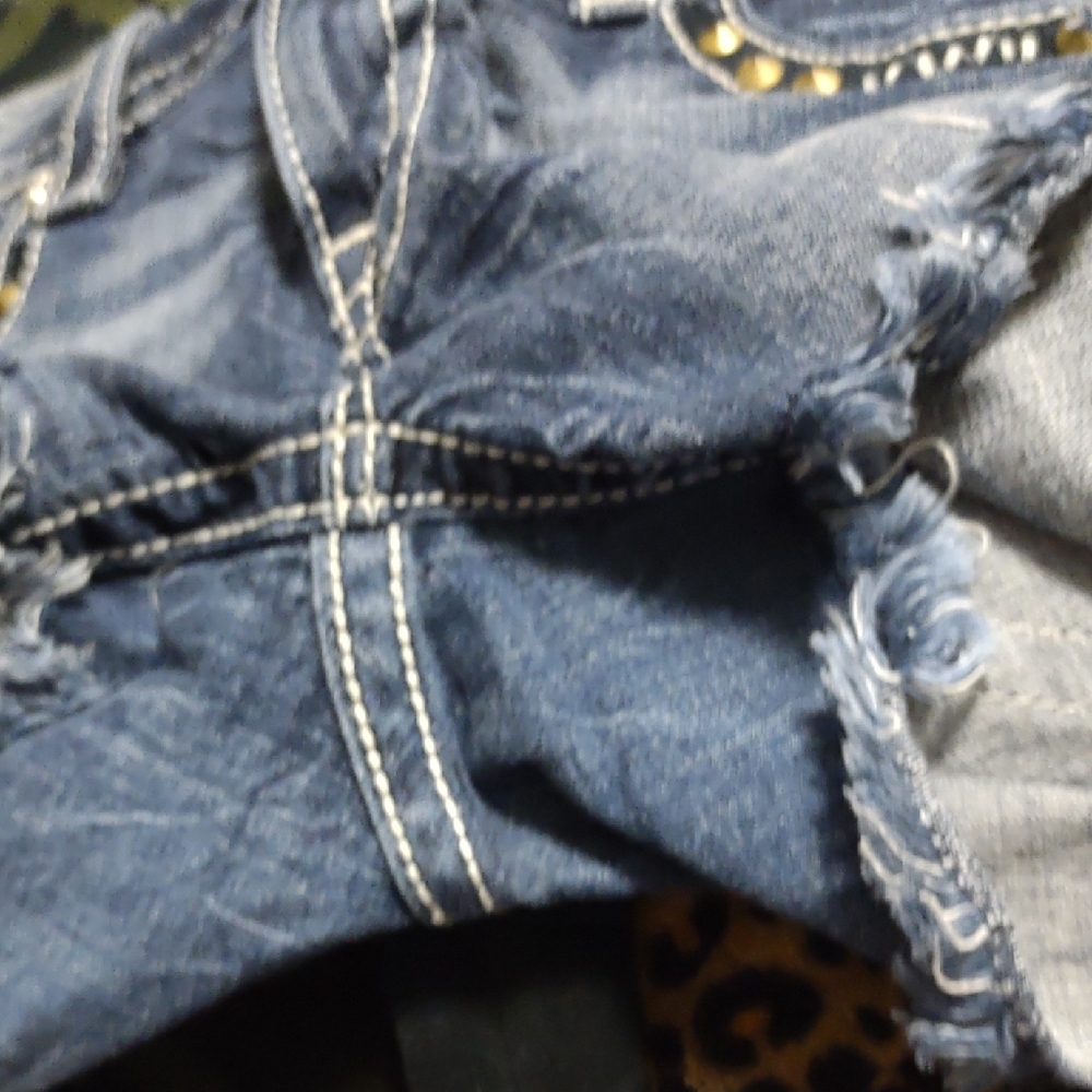 Miss Me Distressed Blue Jean Shorts with Multicolor Embroidery - Picture 7 of 11